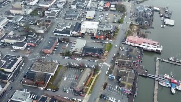 Aerial View Fishermen Village Small Commercial Building Fish Market Pier — Stok video