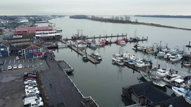 Aerial View Fishermen Boats Boardwalk — Stockvideo