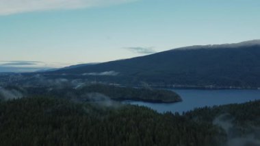 Tepenin arkasındaki nehir, küçük ada ve dağlarla kaplı çam ormanlarının hava manzarası.