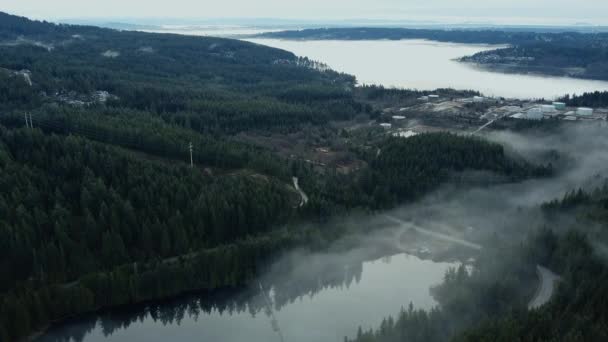 Luchtfoto Van Het Mistige Bos Een Meer Rivier Achtergrond — Stockvideo