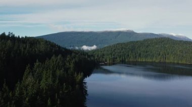 Dağlardaki yeşil ağaçların havadan görünüşü ve bulutların yansımasıyla ayna benzeri göl.