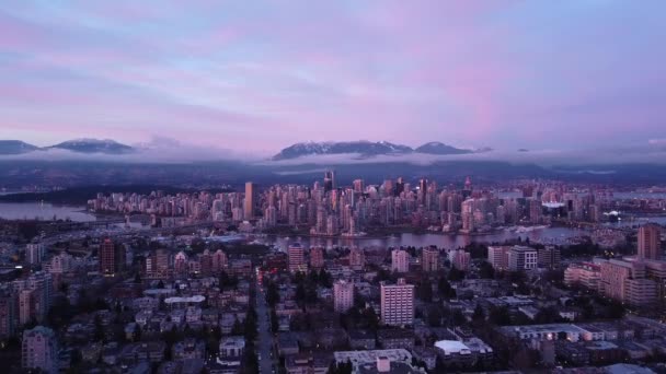 Flygfoto Över Centrum Vancouver Det Vackra Lila Ljuset — Stockvideo