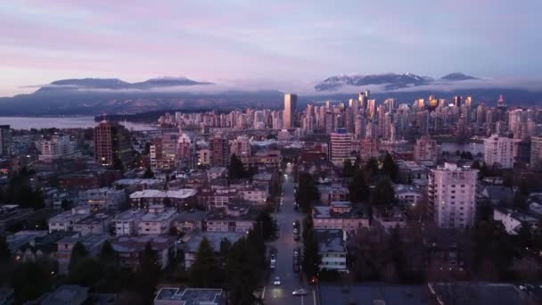 Vlieg Naar Het Centrum Van Vancouver Het Prachtige Zonsondergang Licht — Stockvideo