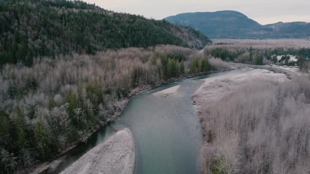 Aerial View Mountains Green Grey Forest Powerful River — Stockvideo