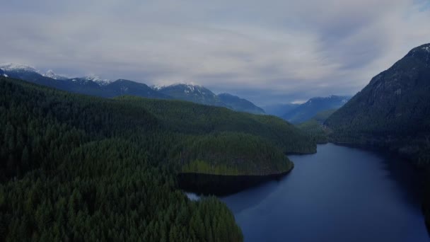 Vista Aérea Del Lago Medio Las Montañas Cubiertas Con Bosque — Vídeo de stock