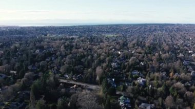 Vancouver 'ın yeşil ve gri ağaçları ve ufukta görünen evleriyle birlikte uçun.