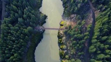 Yağmurlu günlerde yeşil ormanlarla çevrili eski köprünün üzerinden uç.