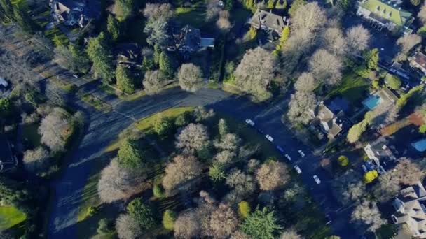 Luftaufnahme Von Kreisverkehr Und Kleinem Park Mit Schönen Häusern — Stockvideo