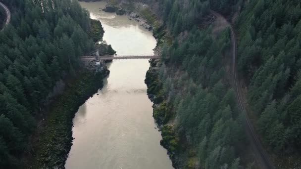 Volare Sul Fiume Vecchio Ponte Ferrovia Selvaggia Foresta Della Columbia — Video Stock