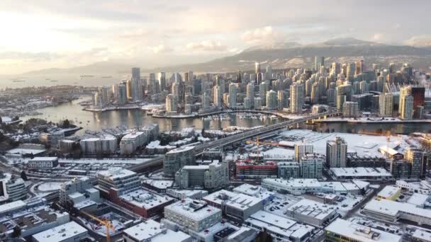 Luchtfoto Van Vancouver Centrum Tijdens Zonsondergang Winter — Stockvideo