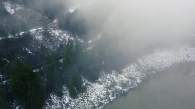 Trenin hava görüntüsü Britanya Kolumbiyası 'ndaki ormanın ortasındaki bulutlar arasından geçti.