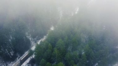 Kışın bulutlu ormandan geçen trenin tepeden aşağı manzarası.