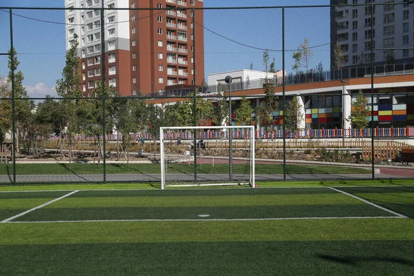 Fußball Fußball Gras Stadion Feld Sport Spiel Tor Hintergrund Grün — Stockfoto