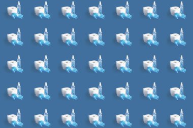 Dezenfektan, lastik eldiven ve tuvalet kağıdı.