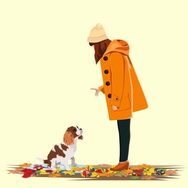 Palto, ambalaj, afişler, afişler, kitaplar için köpek kullanımıyla parkta yürüyen güzel bir kızın sonbahar çizimi