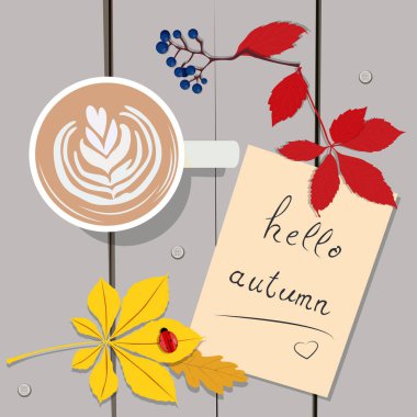 güzel vektör illüstrasyon sonbahar sıcak akşam kahvesi masadaki yapraklar sonbahar mevsimi yaprakları