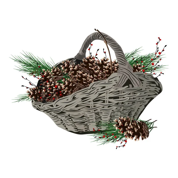 Wiklinowy koszyk świąteczny z szyszkami — Wektor stockowy