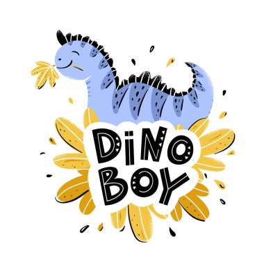 Yaprakların arka planında mor dinozor çocuk. Çizgi film tarzında vektör illüstrasyonu.
