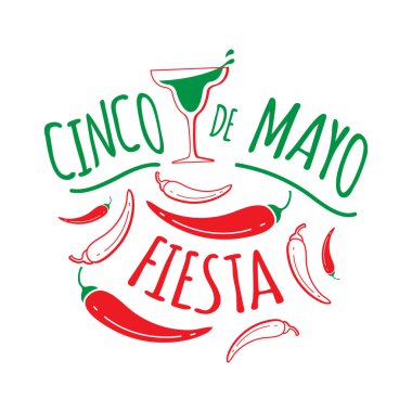 Cinco De Mayo el çizimi harf tasarımı. Beyaz arka planda Meksika süsü olan renkli bir metin. Karalama tarzında vektör illüstrasyonu. Tişörtler, afişler, afişler, posterler, kartpostallar için eşsiz sanat eserleri