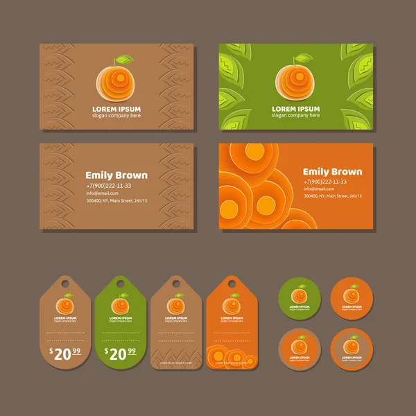 Identidad corporativa para una tienda que vende naranjas. Logotipo, tarjeta de visita, etiqueta de precio y la etiqueta en la fruta. Ilustración vectorial en estilo moderno . — Vector de stock