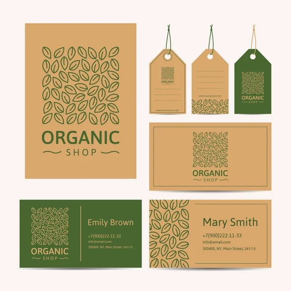 Corporate style for shop of healthy nutrition and natural cosmetics. Logo, business card and price tag. Vector illustration in modern style