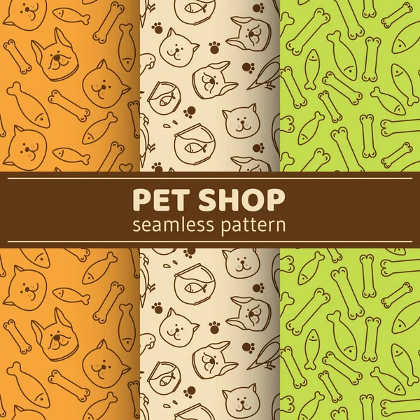 Conjunto de padrões sem costura com imagens de animais: gato, cão, papagaio. Modelos de design de embalagens de papel para pet shop, clínica veterinária . —  Vetores de Stock