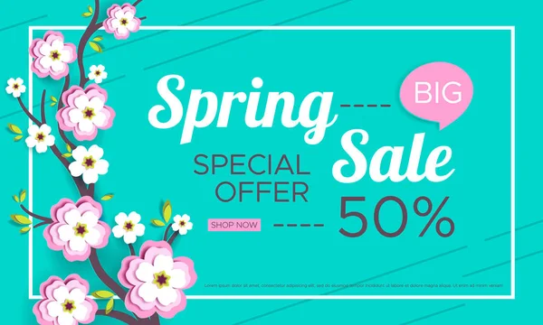 La venta de primavera. La pancarta con flores de papel, la rama Sakura sobre un fondo azul. Ilustración vectorial para empresas publicitarias, revistas, carteles, sitios web . — Vector de stock
