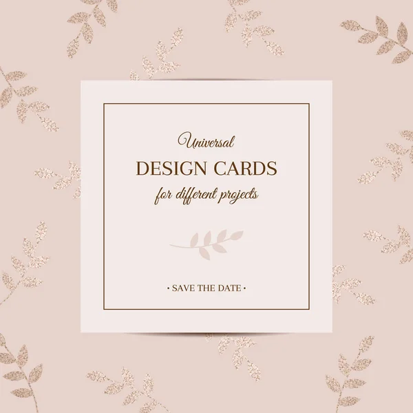 Postales universales de diseño elegante con hojas decoradas con purpurina. Usted puede utilizar como invitación para la boda, cumpleaños, aniversario, reunión de negocios, desfile de moda, fiesta, día de San Valentín. Vector enfermo — Vector de stock