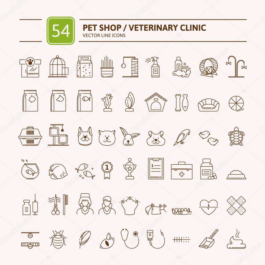 Thin lines web icon set - pet shop, vet clinic, types of pets. Vector illustration in flat style