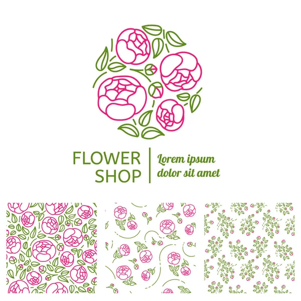 Corporate identity for a flower shop. The logo in the linear style and three seamless pattern — Stock Vector