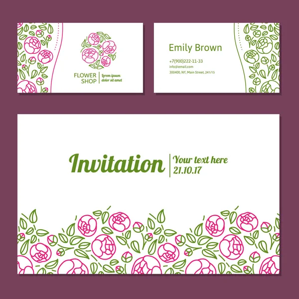 Corporate identity for a flower shop. Logo, business card and invitation template elegant linear style — Stock Vector