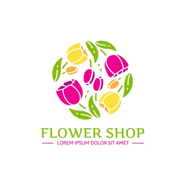 Logo for flower shop. Arrangement of pink and yellow tulips in a modern style