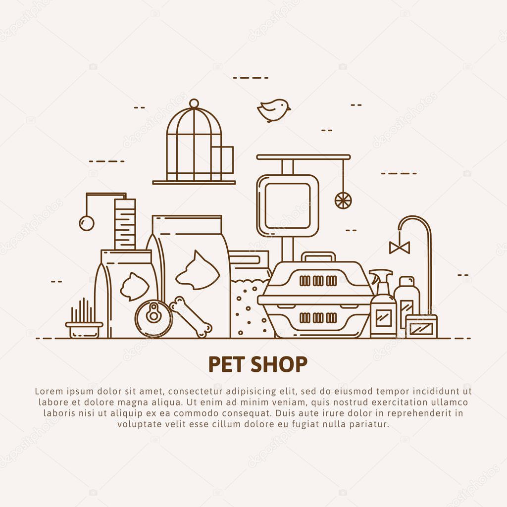 A unique example of the concept pet shop. A vector in linear style