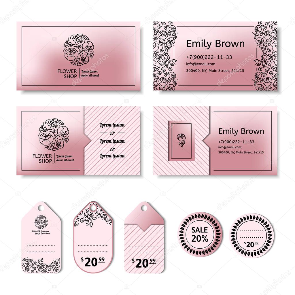 Corporate identity for a flower shop. Logo, business card and price tag. Vector illustration in modern style