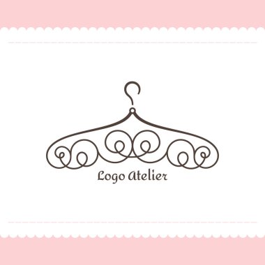 Atelier logosu, düğün butiği, kadın giyim mağazası. Moda tasarımcısı için markanın şablonu. Stüdyo dikiş ve terzilik için element. Zarif çizgileri olan askı