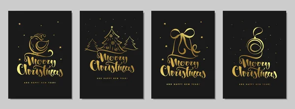 Feliz Natal e feliz ano novo definido cartão de saudação. Letras manuscritas com uma árvore de Natal estilizada, sino, pássaro e bola. Projeto de ouro preto — Vetor de Stock