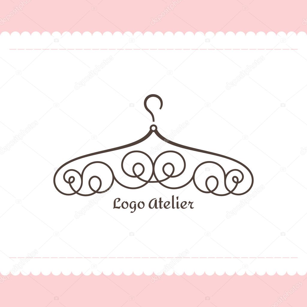 Logo for Atelier, wedding boutique, women's clothing store. Vector template of the brand for the fashion designer. Element for Studio sewing and tailoring. Hanger with graceful lines