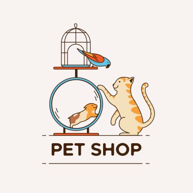 Hayvan dükkanı için logo, veteriner kliniği, hayvan barınağı. Kedi, papağan ve hamster kompozisyonu.
