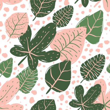 Tropikal yapraklarla kusursuz desen. El çizimi vektör çizimi