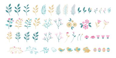 Tipografik tasarım için bir dizi Paskalya öğesi. Yapraklar, dallar, böğürtlenler, kuşlar, tavşanlar, çiçekler, yumurtalar. Modern tarzda bir illüstrasyon..