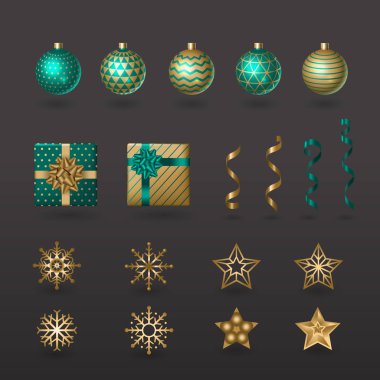 Tipografik tasarım için bir dizi Noel elementi. Balolar, hediyeler, kurdeleler, yıldızlar ve kar taneleri şenlik tasarımında