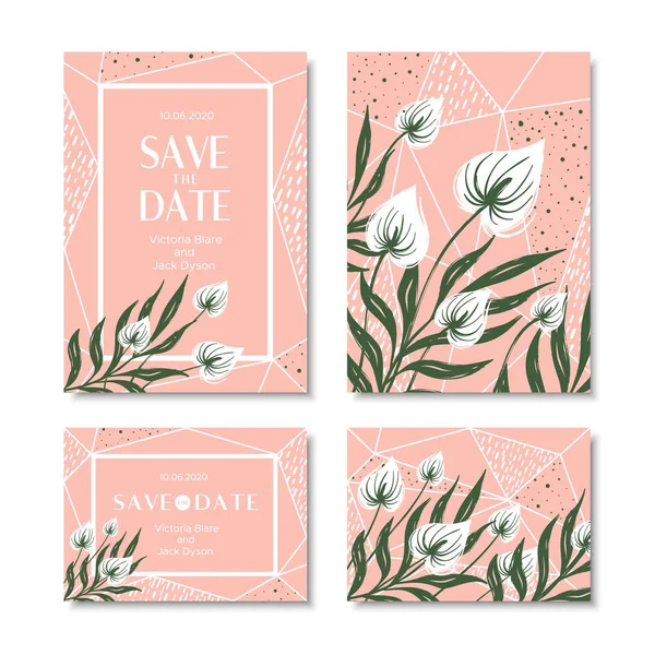 Tarjetas de invitación de boda con hojas tropicales y flores. Ilustración vectorial en estilo dibujado a mano — Vector de stock