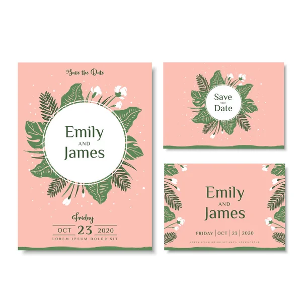 Tarjetas de invitación de boda con hojas tropicales y flores. Ilustración vectorial en estilo dibujado a mano — Vector de stock