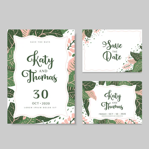 Tarjetas de invitación de boda con hojas tropicales y flores. Ilustración vectorial en estilo dibujado a mano — Vector de stock