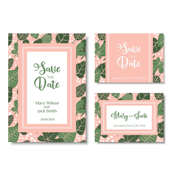 Tarjetas de invitación de boda con hojas tropicales. Ilustración vectorial en estilo dibujado a mano — Vector de stock