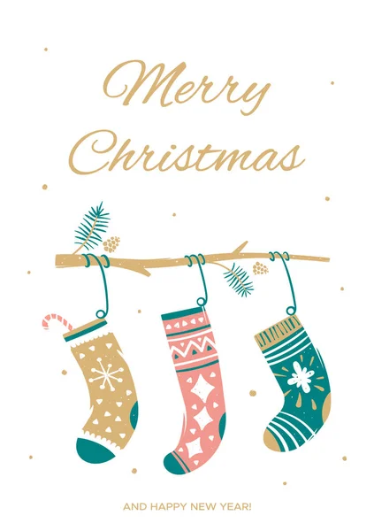 Cartão de felicitações com meias de Natal. Ilustração vetorial em estilo cartoon . — Vetor de Stock