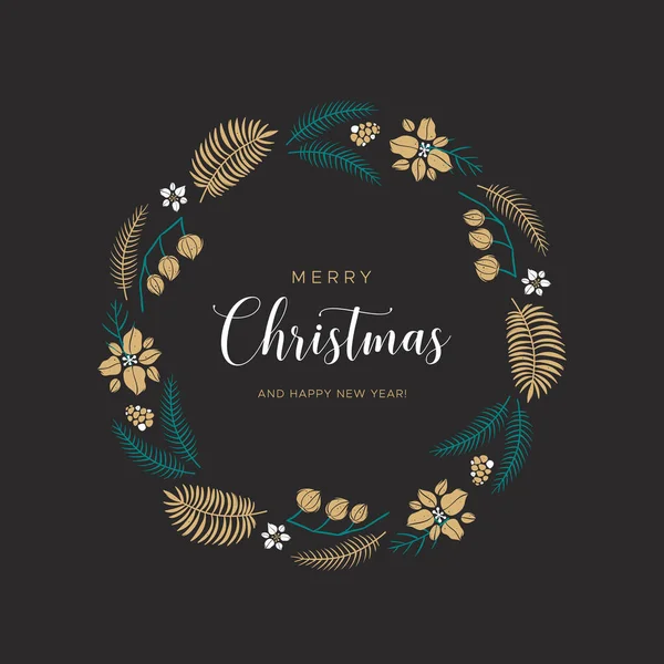 Corona de Navidad con hojas doradas y ramas de pino sobre el fondo negro. Diseño único para sus tarjetas de felicitación, banners, volantes. Ilustración vectorial en estilo moderno . — Vector de stock