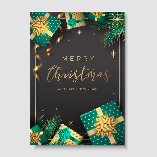 Счастливая рождественская открытка с золотыми лентами и подарками в праздничной упаковке — стоковый вектор