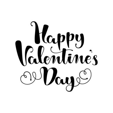 Sevgililer Günün kutlu olsun beyaz bir arkaplanda el yazısı metni. Kalp şeklinde kıvrımları olan siyah harfler. Broşürler, afişler, posterler ve tebrik kartları için vektör illüstrasyonu