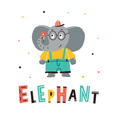 Mavi tulumlu çizgi film fili elinde çiçek tutuyor. İskandinav tarzında vektör illüstrasyonu